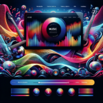 A vibrant and dynamic website design concept for a music website. The design features a background of abstract, colorful sound waves
