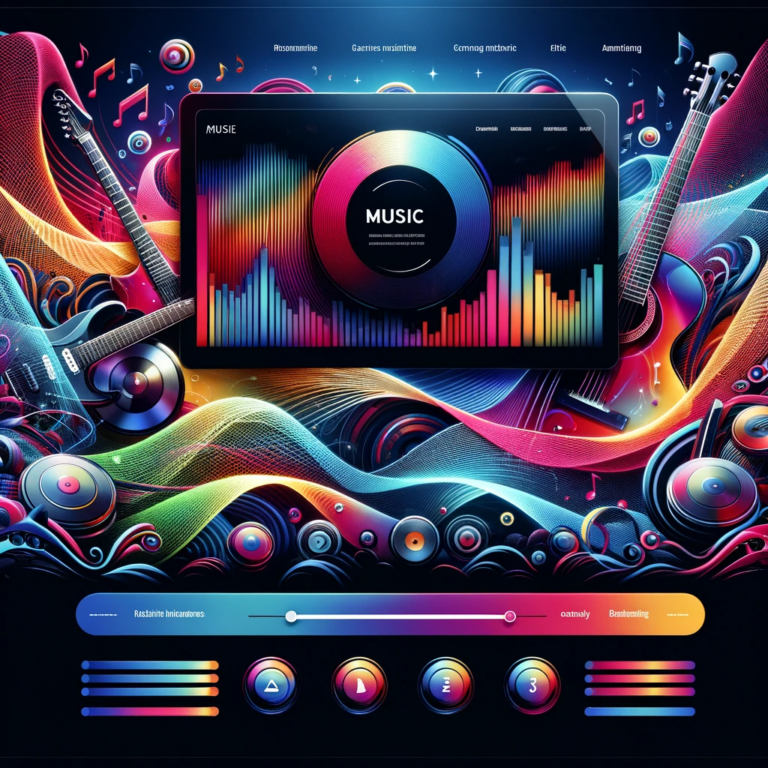 A vibrant and dynamic website design concept for a music website. The design features a background of abstract, colorful sound waves