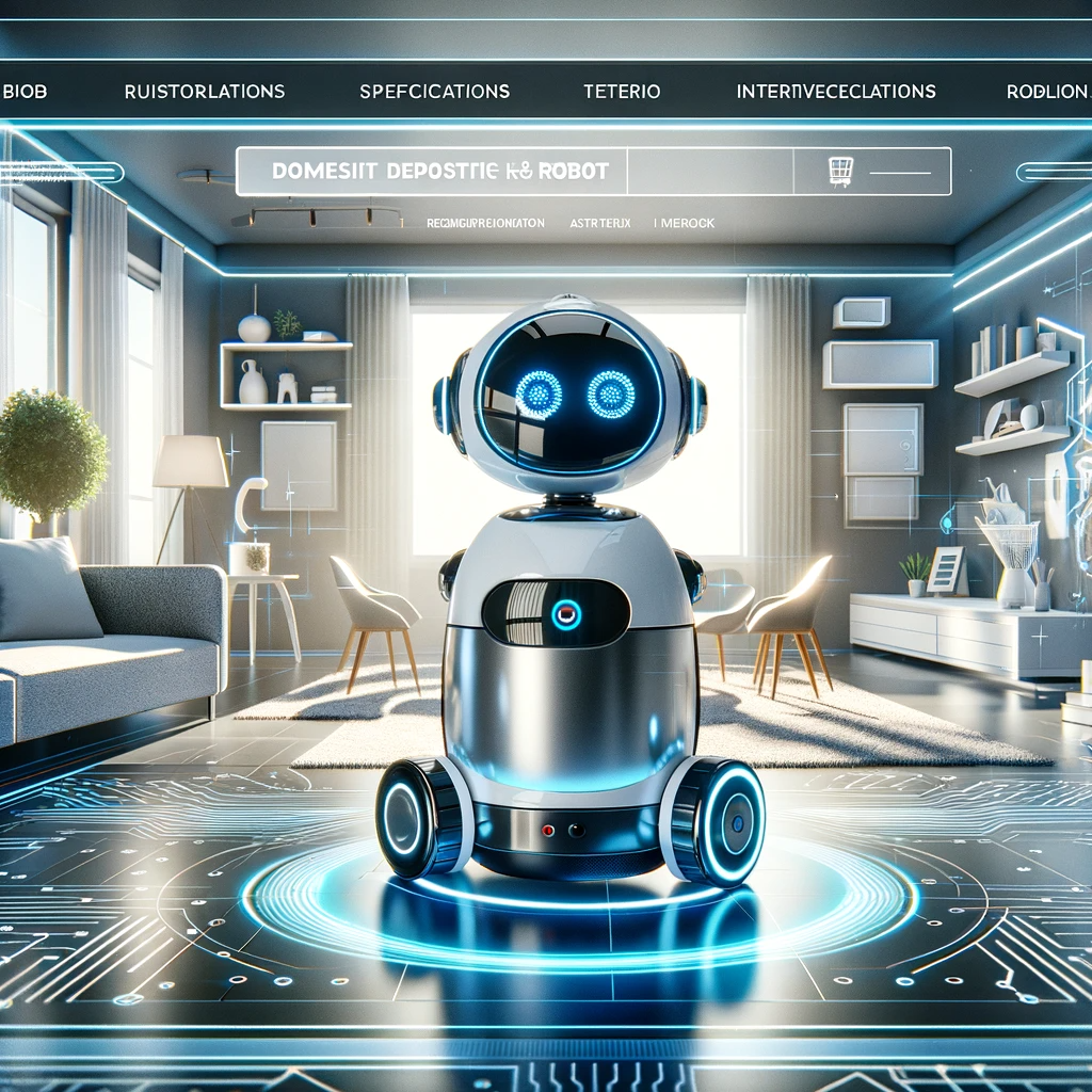 A futuristic and engaging website design concept for a domestic robot website. The design features a high-resolution, imaginative image of a sleek,