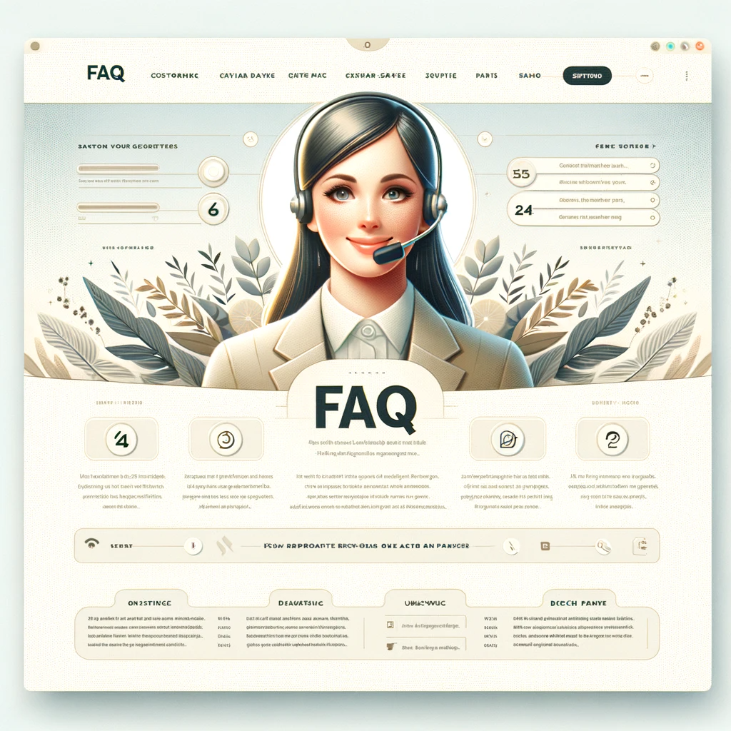 A clear and inviting website design concept for an FAQ page. The design features a high-resolution, friendly image of a customer service representativ