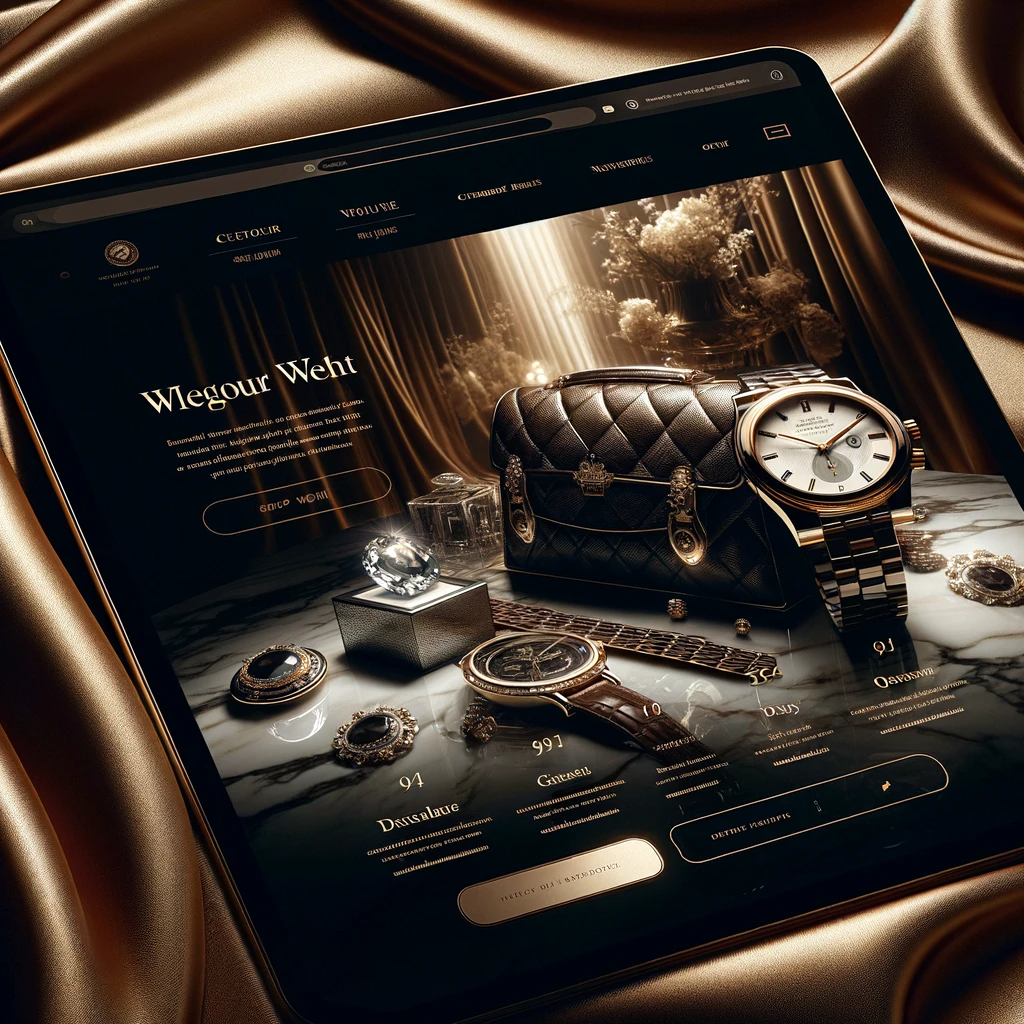 A sophisticated and elegant website design concept for a luxury product website. The design features a high-resolution, captivating image of a luxury